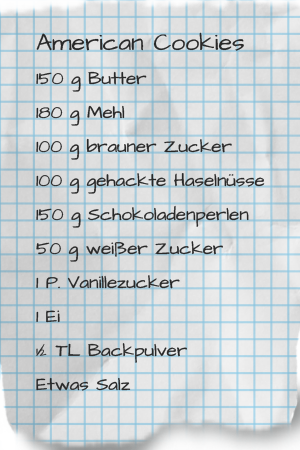 150 g Butter, 180 g Mehl 100 g brauner Zucker, 100 g gehackte Haselnüsse, 150 g Schokoladenperlen, 50 g weißer Zucker, 1 P. Vanillezucker, 1 Ei, ½ TL Backpulver, Etwas Salz