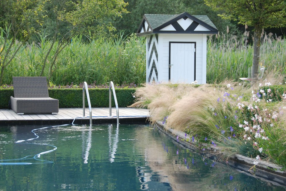 Foto: BGL. - Die feinen Blütenstände des Mexikanischen Fiedergrases, auch Engelshaar genannt, wiegen sich im kleinsten Windhauch und verleihen dem Beckenrand dieses Pools eine sehr natürliche Anmutung. Mexikanisches Fiedergras