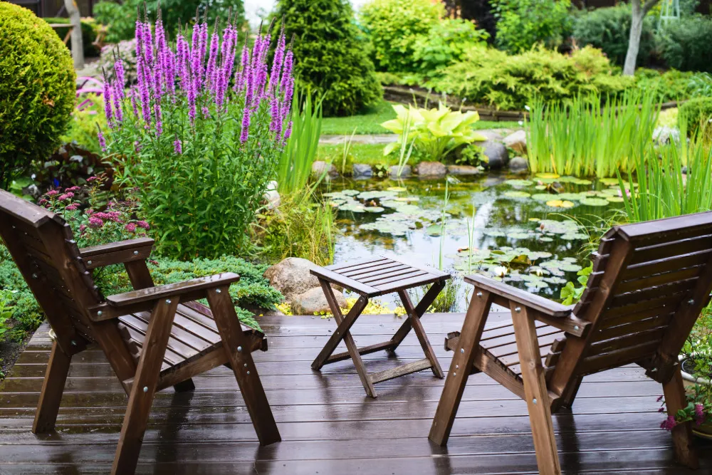 Naturnaher Gartenteich mit bewachsenem Ufer.